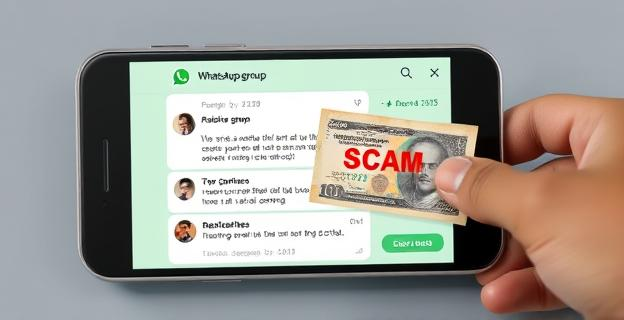 Imagen de una pantalla de smartphone mostrando un grupo de WhatsApp con mensajes de estafa y una mano extendiendo un billete de dinero