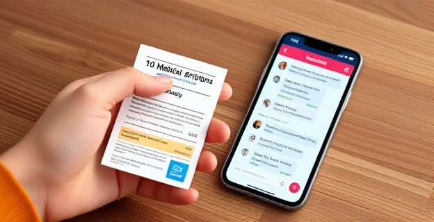 Imagen de una mano sosteniendo una receta médica falsa junto a un teléfono móvil con una pantalla mostrando un chat de mensajería instantánea con mensajes sobre medicamentos.
