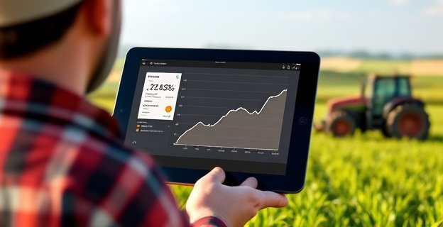 Una imagen de un agricultor frente a una pantalla de tableta mostrando una aplicación de cuaderno digital con un gráfico de bajada de uso, mientras al fondo se ve un tractor y campos de cultivo. La iluminación es suave y natural.