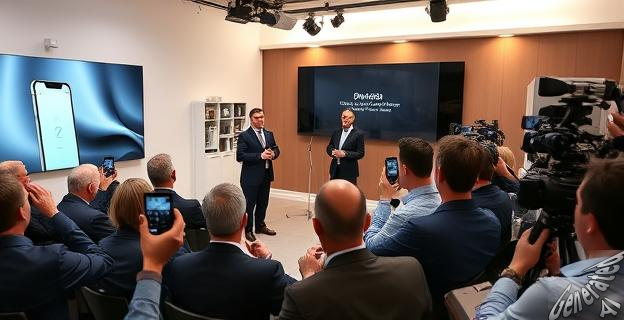 Una reunión de prensa en un salón de Múnich con dos ejecutivos de empresas tecnológicas, rodeados de periodistas con dispositivos de grabación, mientras muestran un nuevo teléfono inteligente y electrodomésticos.