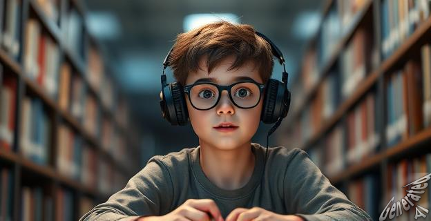Una persona joven con auriculares estudiando en una biblioteca con música suave de fondo