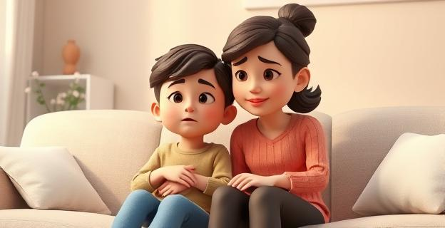 Imagen de una madre y su hijo sentados en un sofá, con expresiones de arrepentimiento y comprensión mutua, en un ambiente cálido y acogedor
