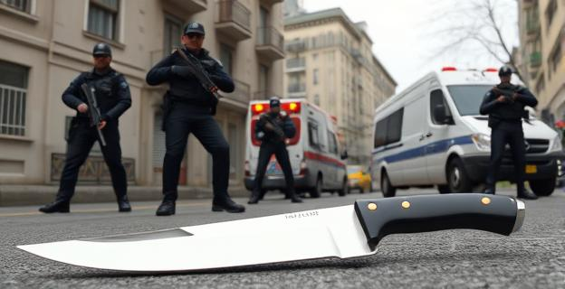 Una escena de calle con un cuchillo grande en el suelo, un edificio de viviendas al fondo y policías con chalecos antibalas y subfusiles en posición de alerta, con una ambulancia al fondo.
