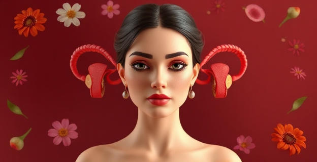 Una representación artística de una mujer en diferentes fases de su ciclo menstrual, con símbolos olfativos alrededor, sin caras reconocibles.