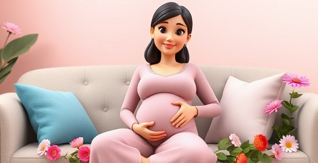 Una mujer embarazada sentada en un sofá, con una sonrisa en el rostro y una mano en su vientre, rodeada de flores y con un fondo de colores pastel.