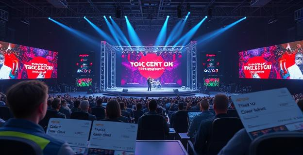 Una escena de una gira de conciertos con múltiples escenarios y técnicos trabajando detrás de escena, con cheques y notas de agradecimiento en primer plano