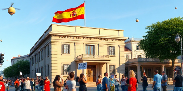 Una imagen de un edificio de la Fiscalía con una bandera de España ondeando en la parte superior, mientras un grupo de personas protestan en la calle con carteles que dicen 