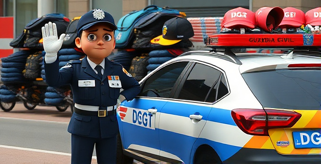 Imagen de un guardia civil frustrado junto a un coche de la Guardia Civil con una gran cantidad de kilómetros, mientras al fondo se ven pilas de merchandising de la DGT como mochilas, gorras y llaveros.