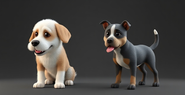 Imagen de un perro viejo y uno joven lado a lado con diferentes razas y tamaños