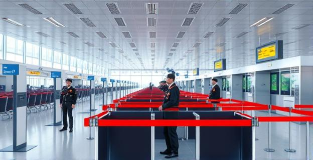 Imagen de un aeropuerto con cámaras de seguridad y guardias civiles en la zona de embarque y controles de seguridad
