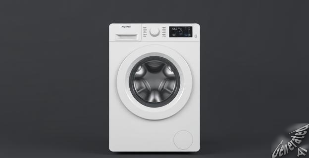 Una lavadora moderna con un panel de control mostrando el programa rápido seleccionado, con una alarma de eficiencia energética en rojo.