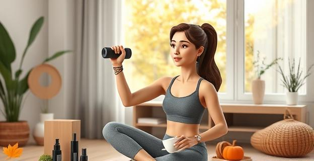Imagen de una mujer en otoño realizando ejercicios en casa con equipo de fitness, rodeada de productos cosméticos naturales y una taza de té, con una expresión de determinación y bienestar.
