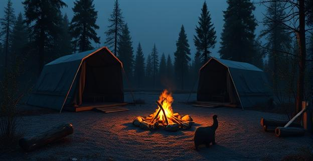 Imagen de un campamento abandonado con elementos que sugieren actividades nocturnas alrededor de una hoguera, sin personas ni nombres propios visibles