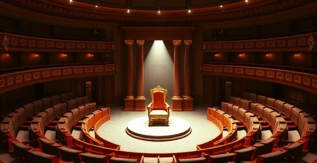 Imagen de un hemiciclo vacío del Senado de España con un foco sobre la silla del presidente del Gobierno, simbolizando la crítica y la polémica política.