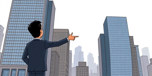 Ilustración de una ciudad con rascacielos de oficinas, fondo de un cielo gris, un personaje en traje oscuro señalando un edificio, estilo cómic, sin rostros reales, sin texto