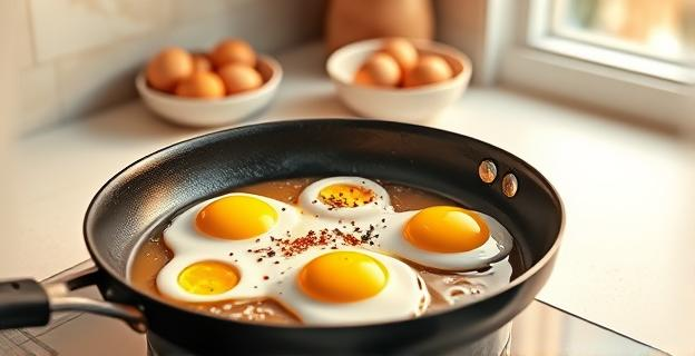 Una sartén humeante sobre una encimera de cocina moderna, con tres huevos friéndose en una mezcla de aceite y mantequilla. Se espolvorean copos de chile, sal y pimienta negra sobre los huevos. La luz de la cocina es cálida y resalta la textura crujiente de los bordes del huevo. Un cuenco de cerámica con huevos frescos está en segundo plano.