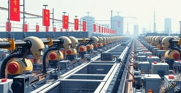 Una fábrica china con robots industriales trabajando en línea de montaje, con fondo de paisaje urbano chino