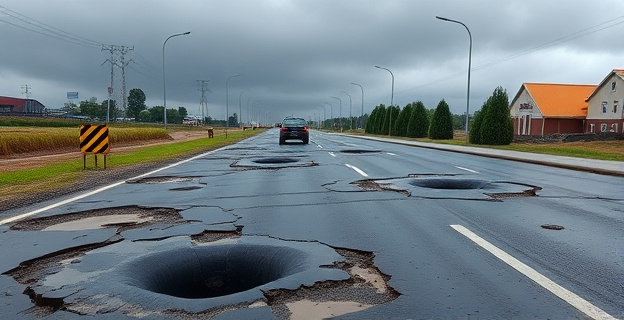 Imagen de una carretera deteriorada con baches y socavones, bajo un cielo gris y lluvioso, con vehículos circulando lentamente y señalización de peligro en el arcén.