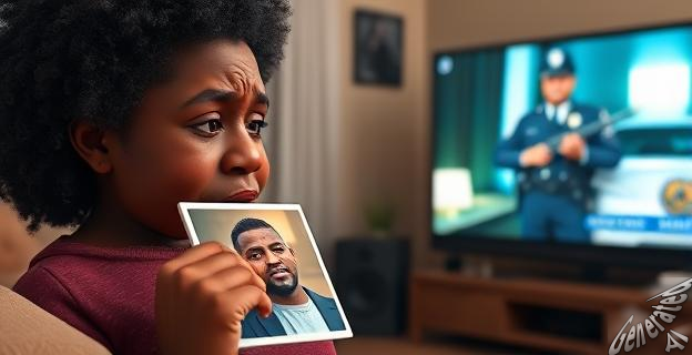 Una madre afroamericana con una expresión de dolor profundo, con una foto de su hijo en la mano, mientras mira una televisión donde se ve un policía en pantalla.