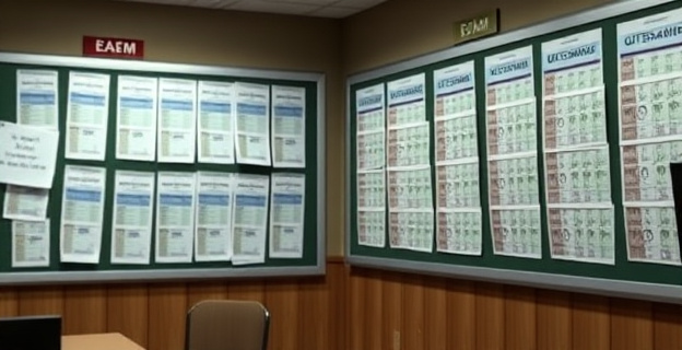 Una imagen que represente un proceso de oposiciones con un ambiente de sospecha y duda, mostrando un gran número de sobresalientes en un tablón de anuncios.