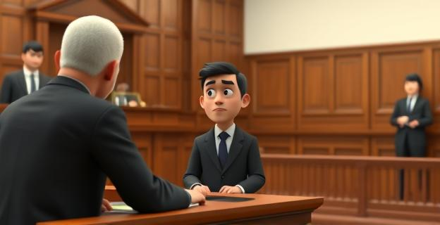 Sala de un juzgado con un juez y un acusado sentado en el banquillo, con una expresión de arrepentimiento. Al fondo, un fiscal y un abogado defensor. La escena muestra seriedad y solemnidad.