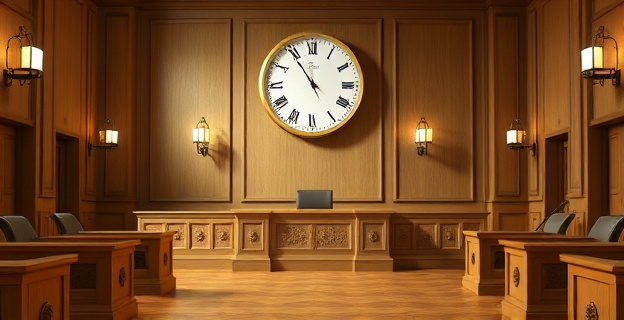 Una imagen que representa un juzgado vacío con un reloj en la pared marcando el paso del tiempo, simbolizando la espera para la jubilación de un juez y la reforma legal pendiente.