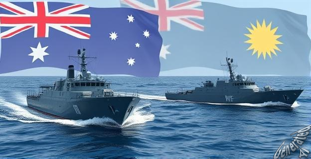 Imagen de barcos de la marina australiana interceptando embarcaciones en alta mar, con migrantes y banderas de Australia y Nauru al fondo.