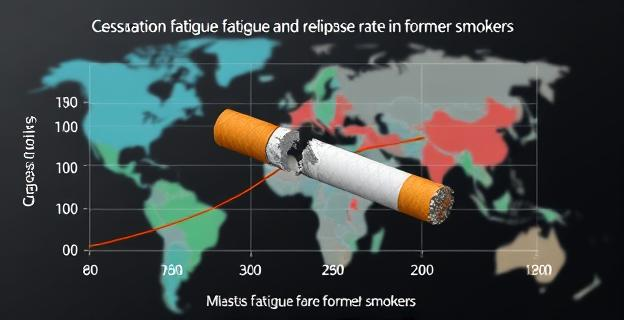 Imagen de un gráfico que muestra la relación entre la fatiga de cesación y la tasa de recaída en exfumadores, con un fondo que representa diferentes países y un cigarrillo roto en el centro.