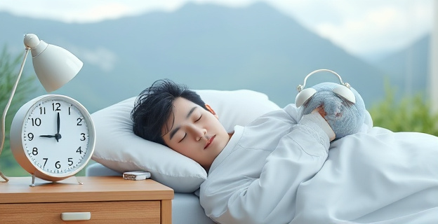 Imagen de una persona durmiendo plácidamente con un reloj en la mesita de noche marcando siete horas de sueño, con un fondo que muestra un paisaje natural sereno