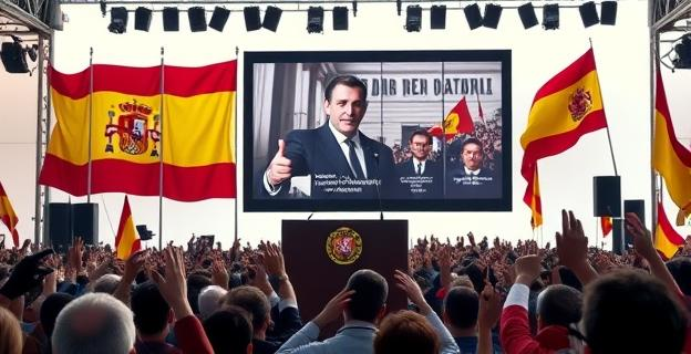 Imagen de un mitin político con un gran atril y bandera de España al fondo, con una pantalla mostrando imágenes de símbolos franquistas siendo eliminados o resignificados