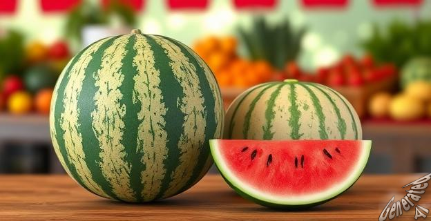 Una imagen de una sandía y un melón cortados sobre una mesa con un fondo de un mercado de agricultores, reflejando la situación de los precios bajos en el sector.