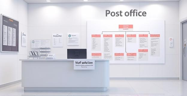 Una oficina de Correos con un escritorio vacío y un letrero que indica un proceso de selección de personal. Al fondo, un organigrama corporativo con un puesto destacado para 