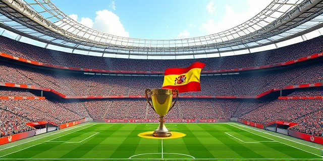 Un estadio de fútbol con una gran cantidad de personas en las gradas, con un gran trofeo en el centro del campo. En el fondo, una bandera de España ondea en el viento.