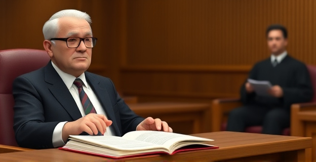 Una sala de un juzgado con un juez sentado en su estrado, con una carpeta llena de documentos delante. Al fondo, un hombre de unos cincuenta años con traje oscuro sentado en el banquillo de los testigos, con expresión seria. A su lado, un abogado con toga negra tomando notas en un bloc.