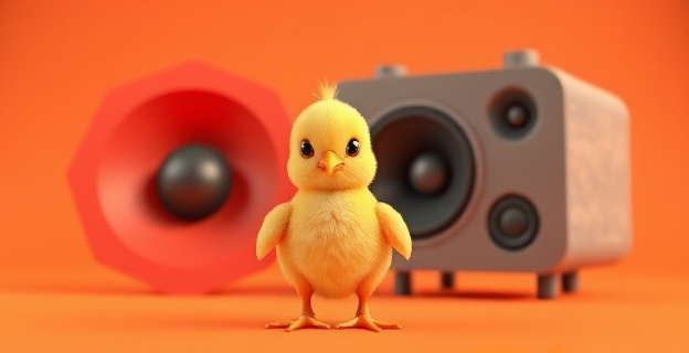 Imagen de un pollito frente a dos figuras geométricas, una redonda y otra puntiaguda, con un altavoz reproduciendo sonidos suaves y agudos