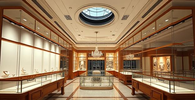 Una joyería vacía con vitrinas rotas y un techo agujereado en un centro comercial de Madrid durante un apagón.