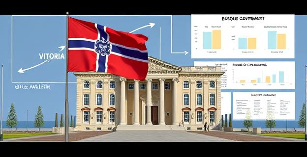 Edificio del Gobierno Vasco en Vitoria con bandera del País Vasco ondeando. Al fondo, gráficos mostrando transferencias de fondos y organigramas de estructura administrativa.