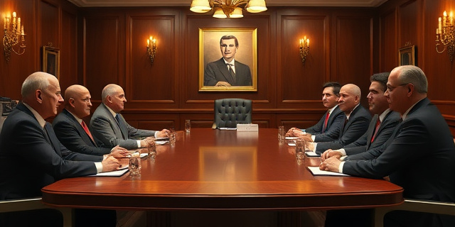 Una sala de reuniones con ministros y presidentes sentados alrededor de una mesa, con expresiones de tensión y negociación