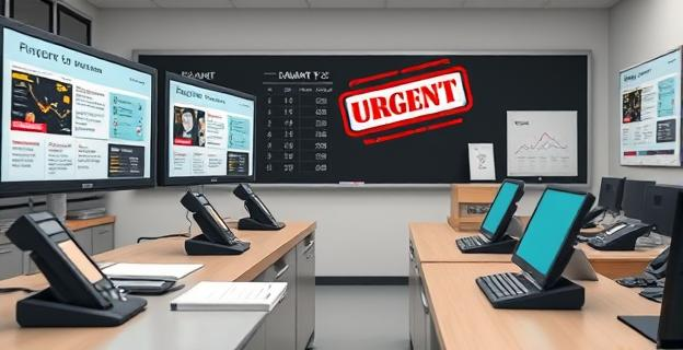 Una escena que muestra una oficina con pantallas mostrando trámites burocráticos y un mostrador donde se ven documentos y teléfonos. Al fondo, una pizarra con gráficos de espera y una imagen de un sello de 