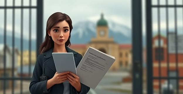 Una mujer sale de una cárcel con expresión serena mientras sostiene un documento oficial en la mano, con un fondo difuso de una ciudad patagónica como Comodoro Rivadavia