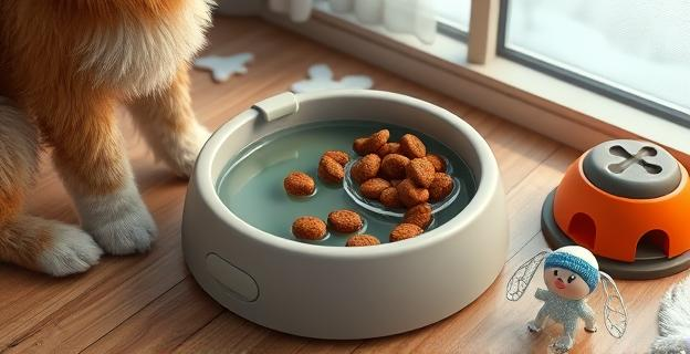 Un bebedero con agua tibia junto a un cuenco de comida húmeda para perros, con un juguete interactivo cerca, en un ambiente invernal acogedor