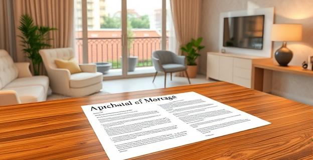 Imagen de una vivienda de lujo en Madrid con terraza y dos dormitorios, con un documento de compraventa y una hipoteca en una mesa de notaría