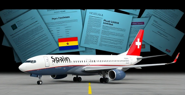 Imagen de un avión comercial en tierra con logotipos de varias banderas (España, Venezuela, Francia, Suiza) y un fondo con documentos y expedientes judiciales relacionados con el caso Plus Ultra
