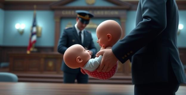 Imagen de una escena donde una autoridad judicial o policial protege a un bebé de una transacción ilegal, con un fondo que muestra un juzgado o una comisaría de policía.