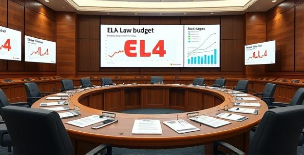 Imagen de una sala de reuniones del Gobierno con documentos y pantallas mostrando la Ley ELA y gráficos de presupuesto