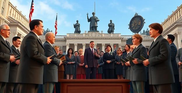 Escenario político con figuras de líderes y documentos de estatutos