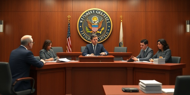Una escena de una sala de justicia con un fiscal general y varios fiscales en una mesa, rodeados de documentos y expedientes, con un gran sello de la Fiscalía General del Estado en la pared de fondo.