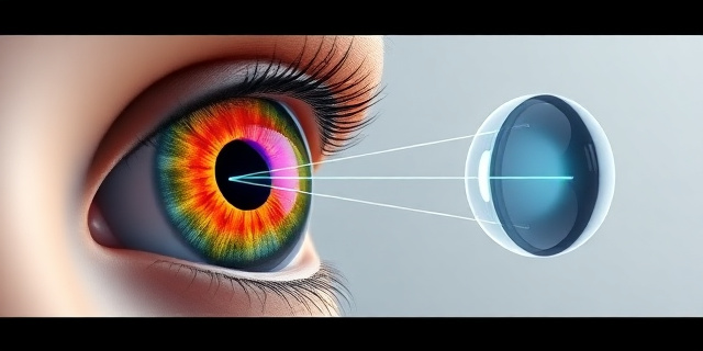 Un ojo humano estilizado con iris de colores vibrantes, sobre un fondo neutro y minimalista. Al lado, una representación abstracta de una sutura de silicona en el iris y rayos de láser cruzando la superficie del iris, sin mostrar rostro humano.
