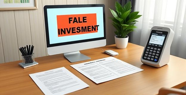 Una escena que muestra un escritorio con documentos de una inmobiliaria y una computadora con anuncios de inversiones falsas en la pantalla, junto a un teléfono con mensajes de estafadores.
