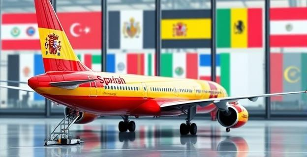 Un avión de una aerolínea española en un aeropuerto con un fondo de banderas de diferentes países, simbolizando conexiones internacionales y posibles transacciones financieras turbias.